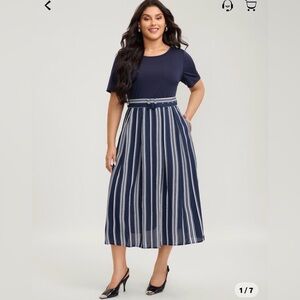 Navy Striped belted Midi Dress